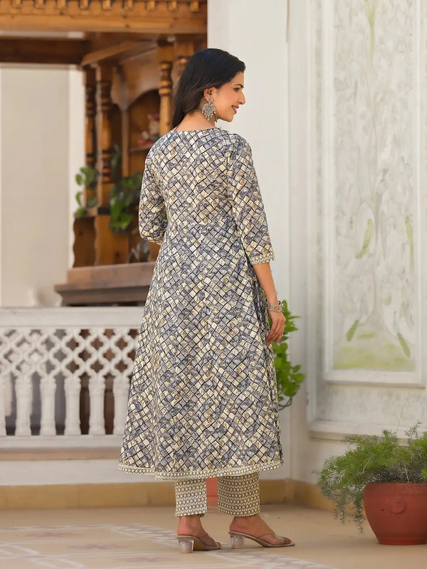 Yufta Grey Checkered Print Anarkali Kurta Trouser With Dupatta Set