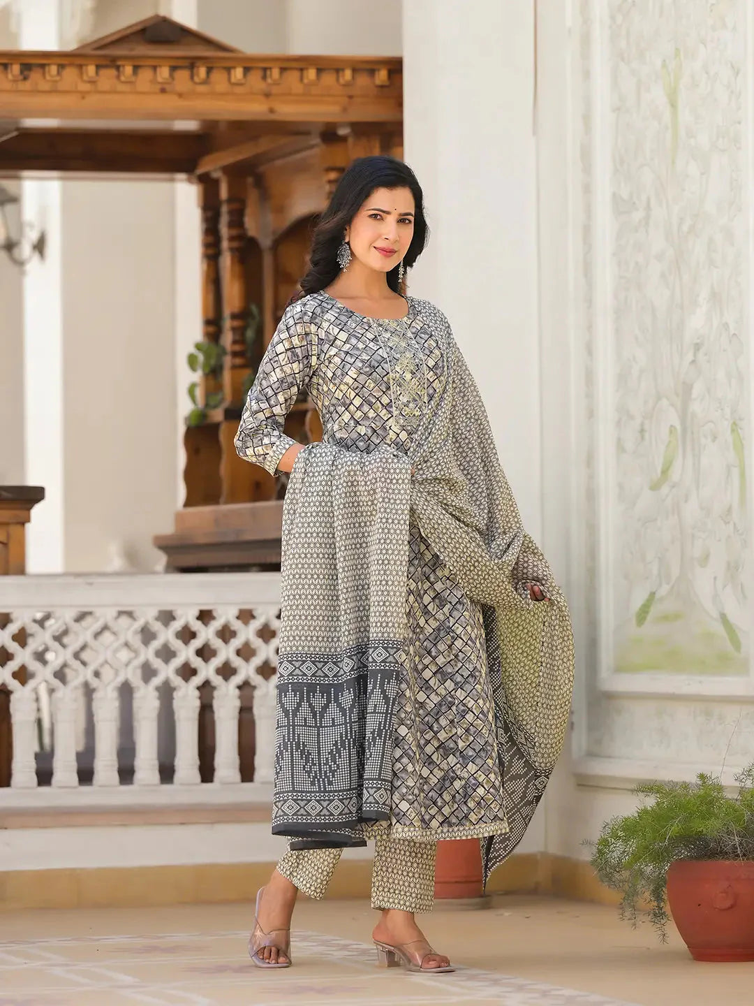 Yufta Grey Checkered Print Anarkali Kurta Trouser With Dupatta Set