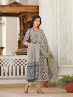 Thumbnail for Yufta Grey Checkered Print Anarkali Kurta Trouser With Dupatta Set