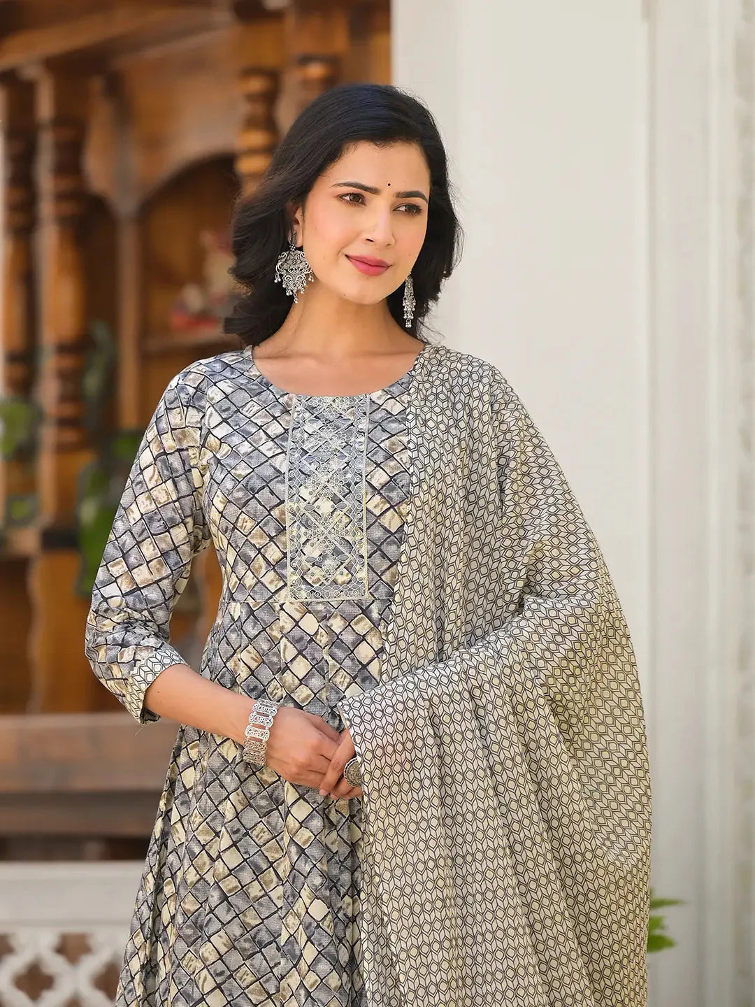 Yufta Grey Checkered Print Anarkali Kurta Trouser With Dupatta Set