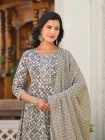 Thumbnail for Yufta Grey Checkered Print Anarkali Kurta Trouser With Dupatta Set