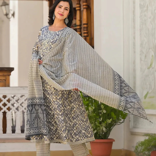 Yufta Grey Checkered Print Anarkali Kurta Trouser With Dupatta Set - Distacart
