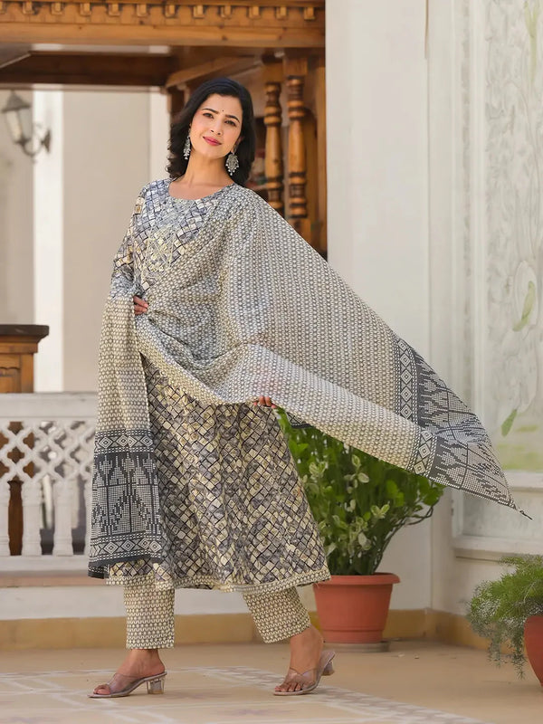 Yufta Grey Checkered Print Anarkali Kurta Trouser With Dupatta Set
