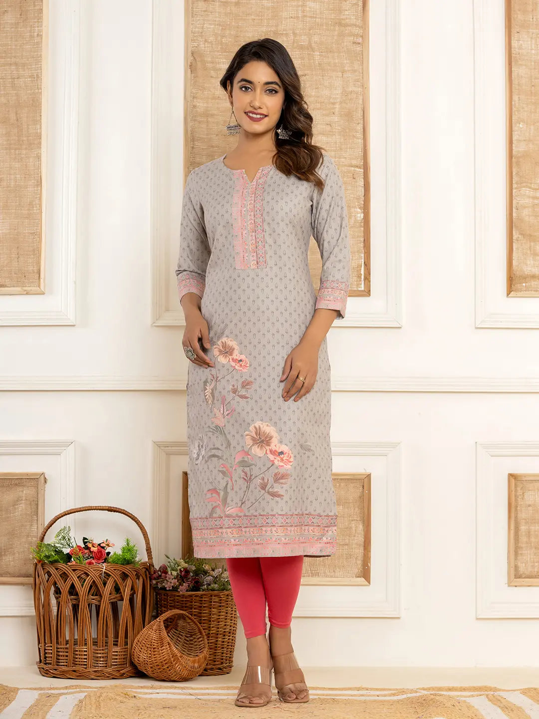 Yufta Grey Cotton A-Line Kurta With Digital Print - Distacart