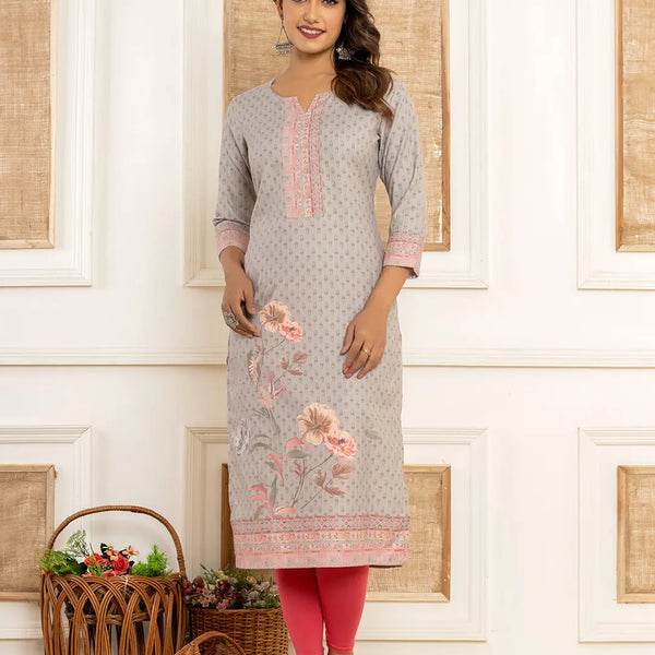 Yufta Grey Cotton A-Line Kurta With Digital Print - Distacart