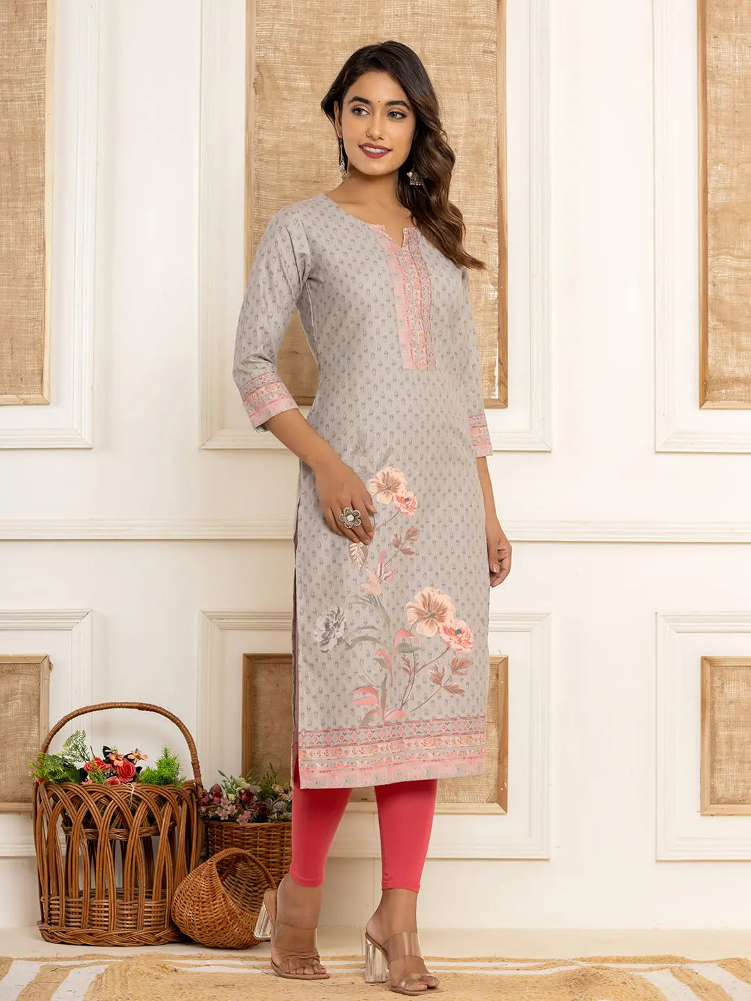 Yufta Grey Cotton A-Line Kurta With Digital Print - Distacart