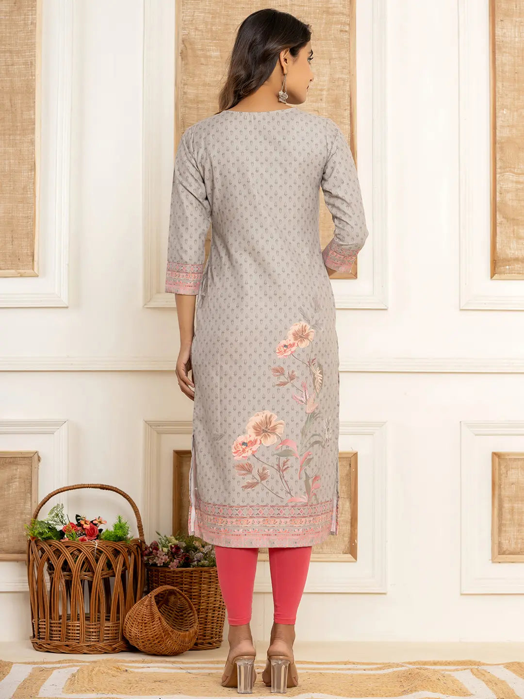 Yufta Grey Cotton A-Line Kurta With Digital Print