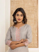 Thumbnail for Yufta Grey Cotton A-Line Kurta With Digital Print
