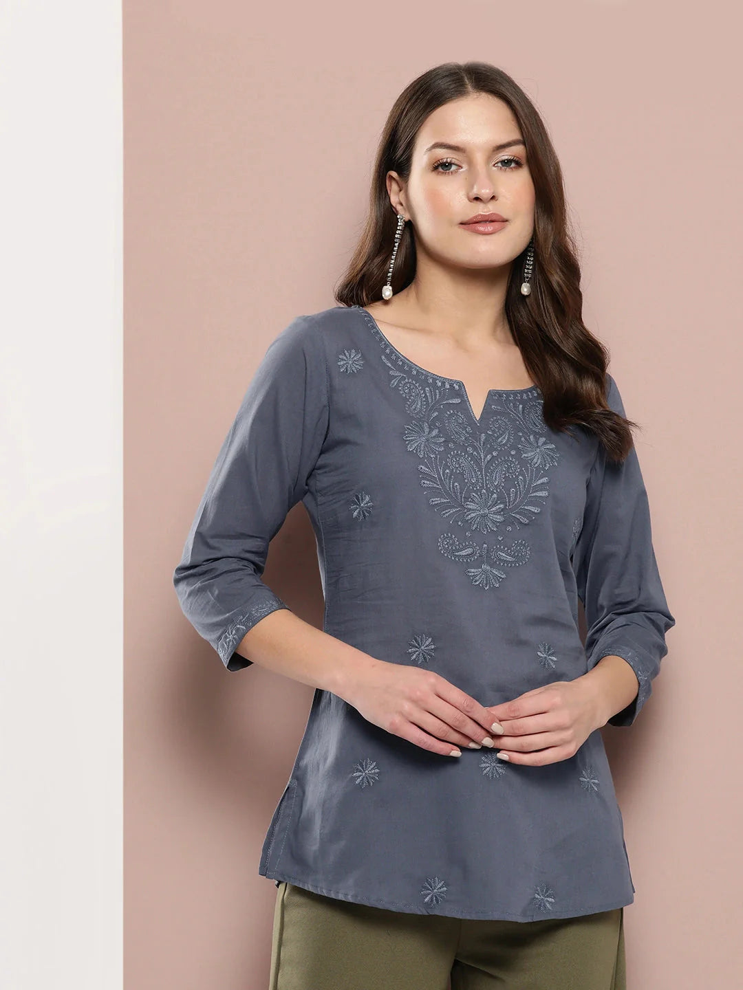 Yufta Grey Floral Chikankari Embroidered Pure Cotton Top - Distacart