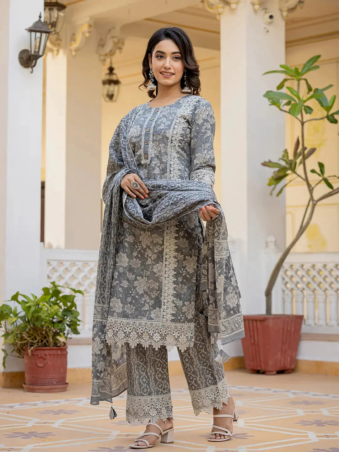 Yufta Grey Floral Print Straight Pakistani Style Kurta Trouser And Dupatta Set With Lace Work - Distacart