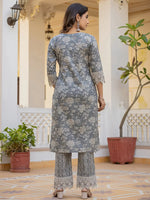 Thumbnail for Yufta Grey Floral Print Straight Pakistani Style Kurta Trouser And Dupatta Set With Lace Work - Distacart
