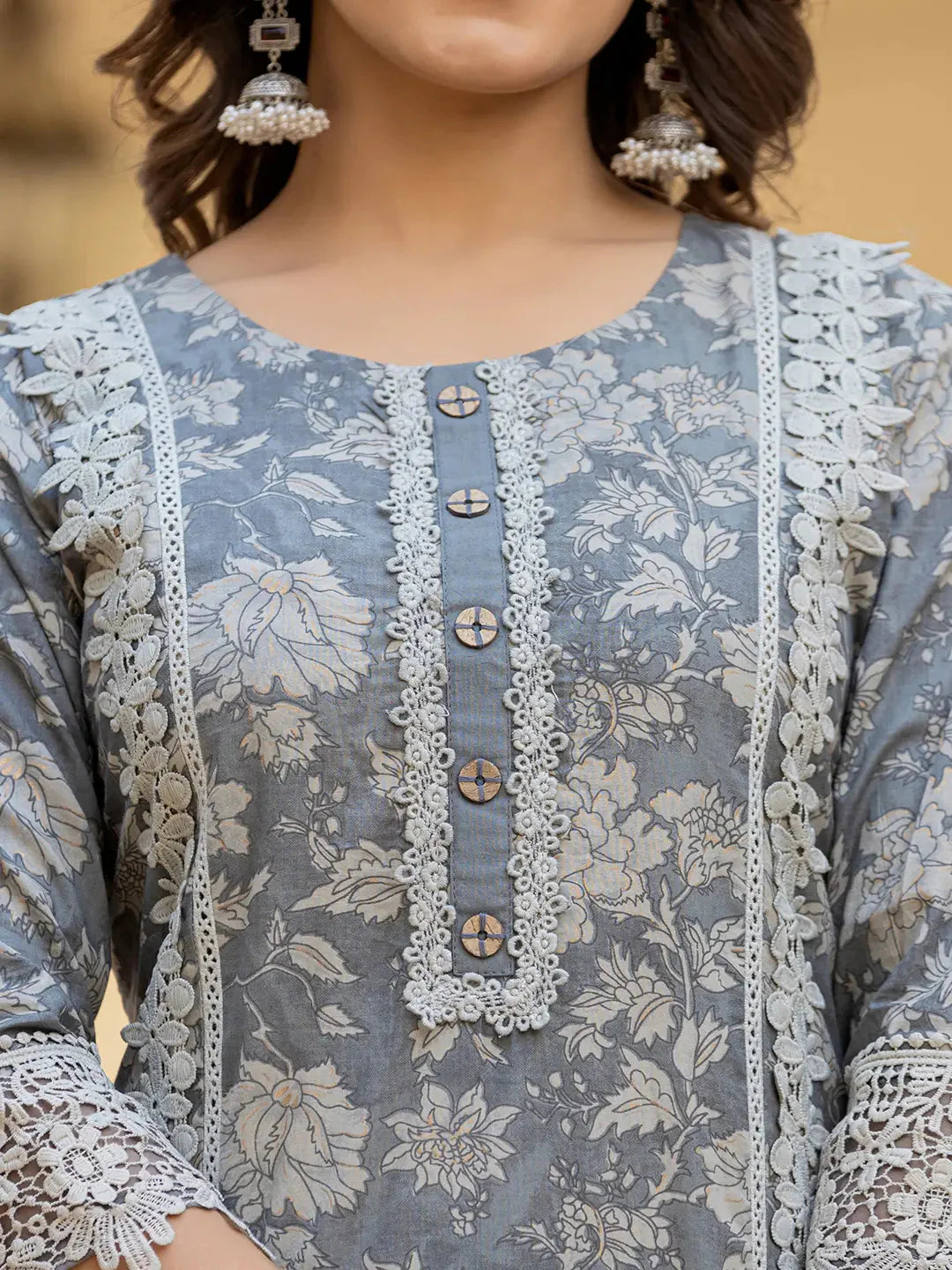 Yufta Grey Floral Print Straight Pakistani Style Kurta Trouser And Dupatta Set With Lace Work - Distacart