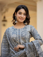 Thumbnail for Yufta Grey Floral Print Straight Pakistani Style Kurta Trouser And Dupatta Set With Lace Work - Distacart