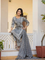 Thumbnail for Yufta Grey Floral Print Straight Pakistani Style Kurta Trouser And Dupatta Set With Lace Work - Distacart