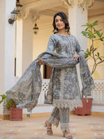 Thumbnail for Yufta Grey Floral Print Straight Pakistani Style Kurta Trouser And Dupatta Set With Lace Work - Distacart