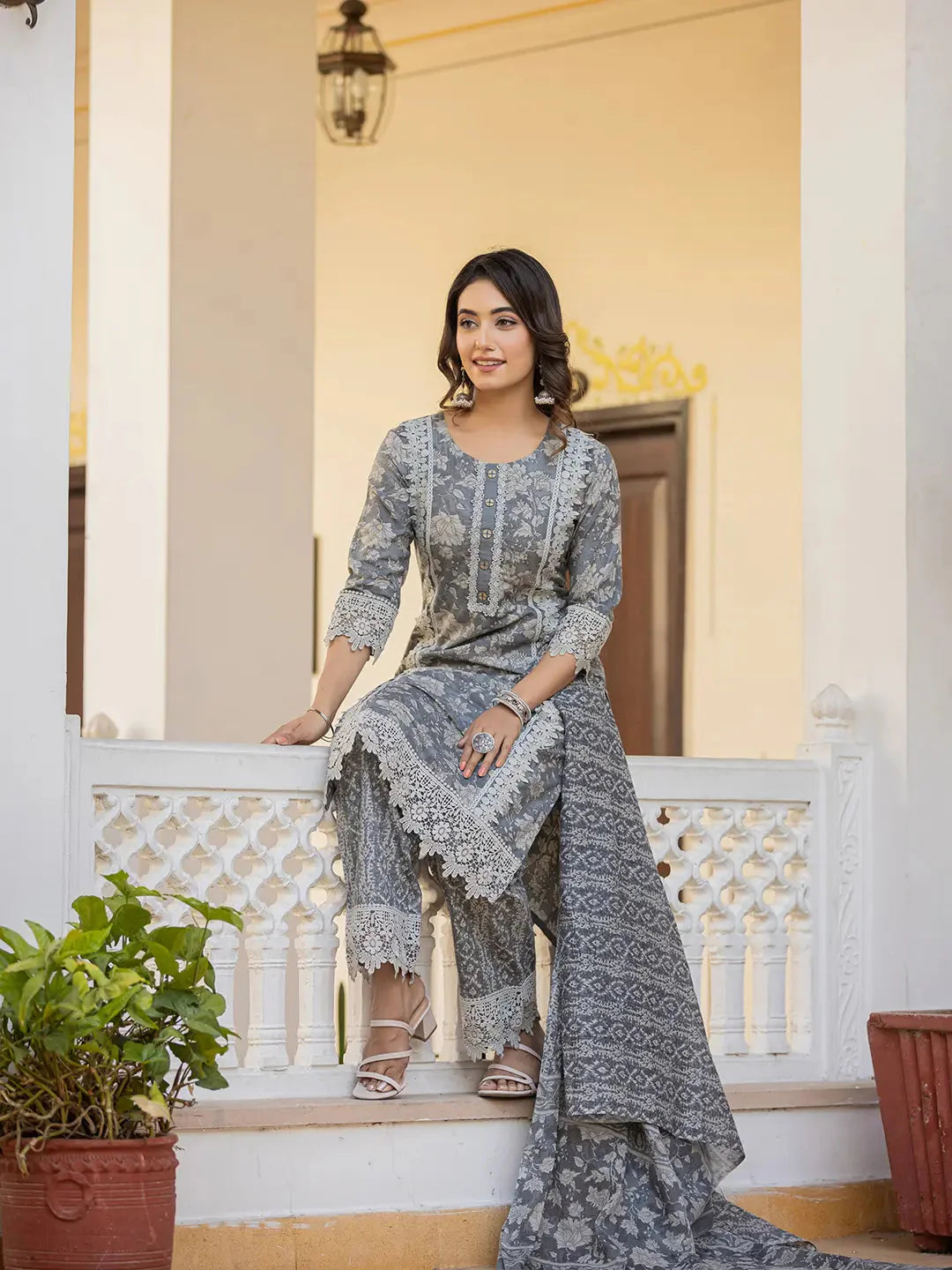 Yufta Grey Floral Print Straight Pakistani Style Kurta Trouser And Dupatta Set With Lace Work - Distacart