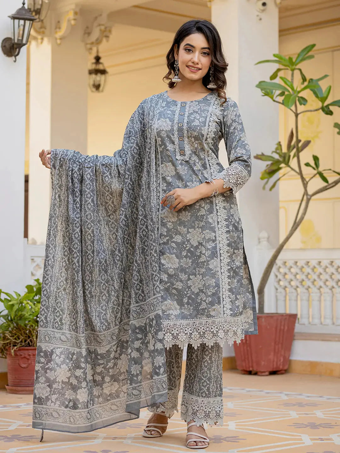 Yufta Grey Floral Print Straight Pakistani Style Kurta Trouser And Dupatta Set With Lace Work - Distacart