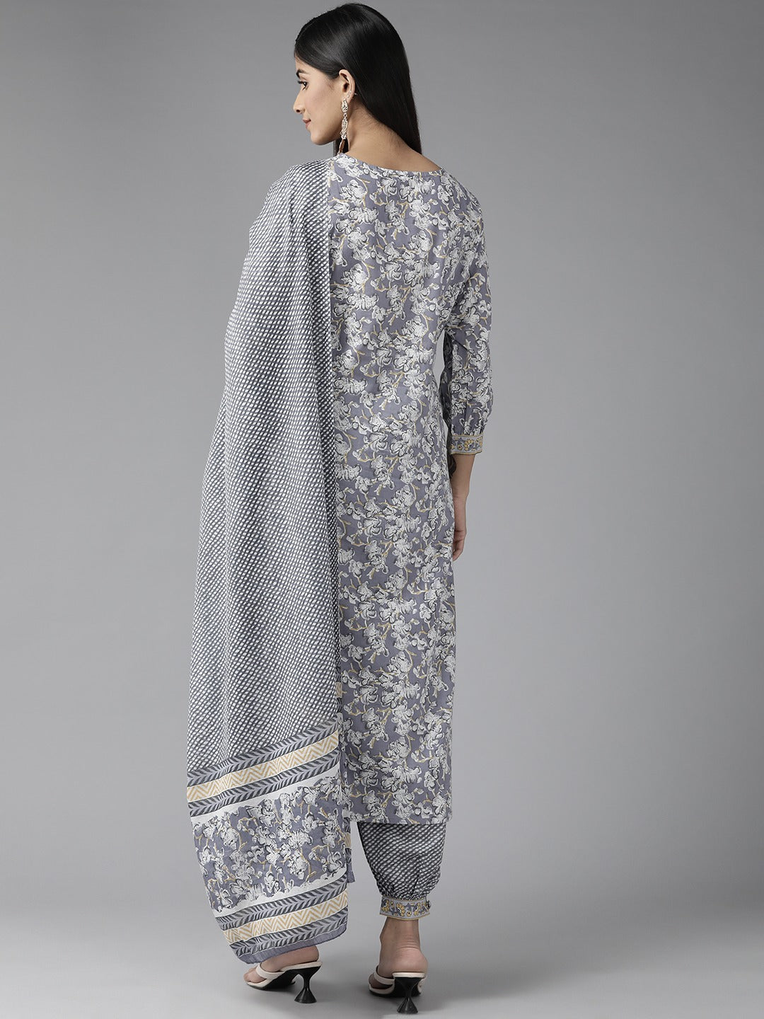 Yufta Grey Floral Printed Kurta Dupatta Set - Distacart