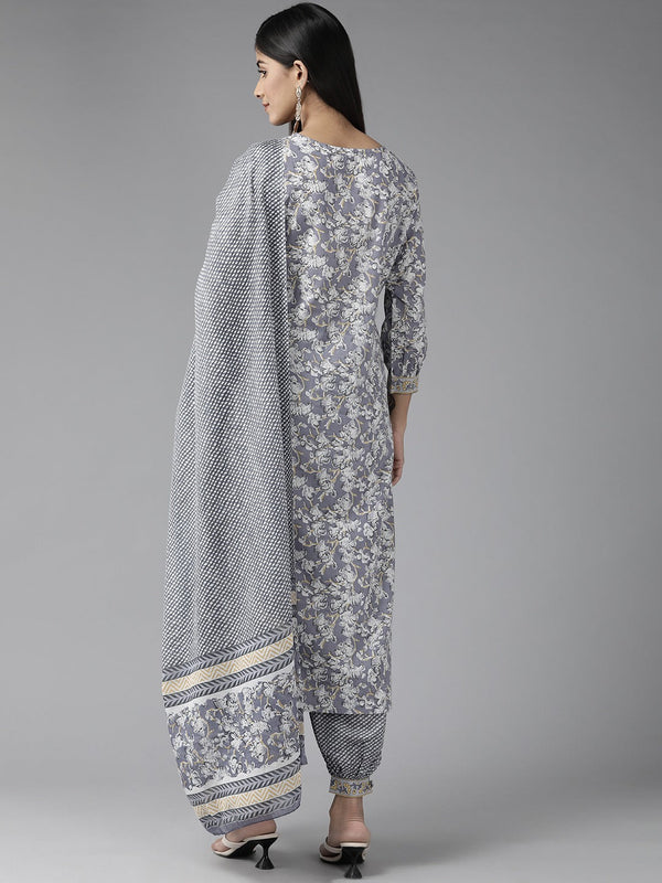 Yufta Grey Floral Printed Kurta Dupatta Set - Distacart