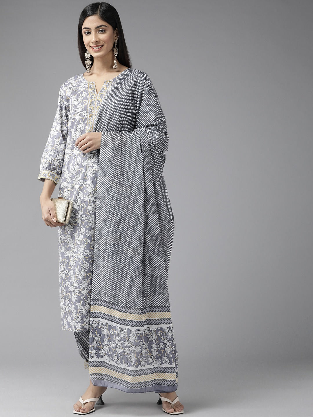 Yufta Grey Floral Printed Kurta Dupatta Set - Distacart