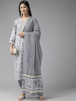 Thumbnail for Yufta Grey Floral Printed Kurta Dupatta Set - Distacart