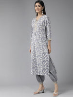 Thumbnail for Yufta Grey Floral Printed Kurta Dupatta Set - Distacart