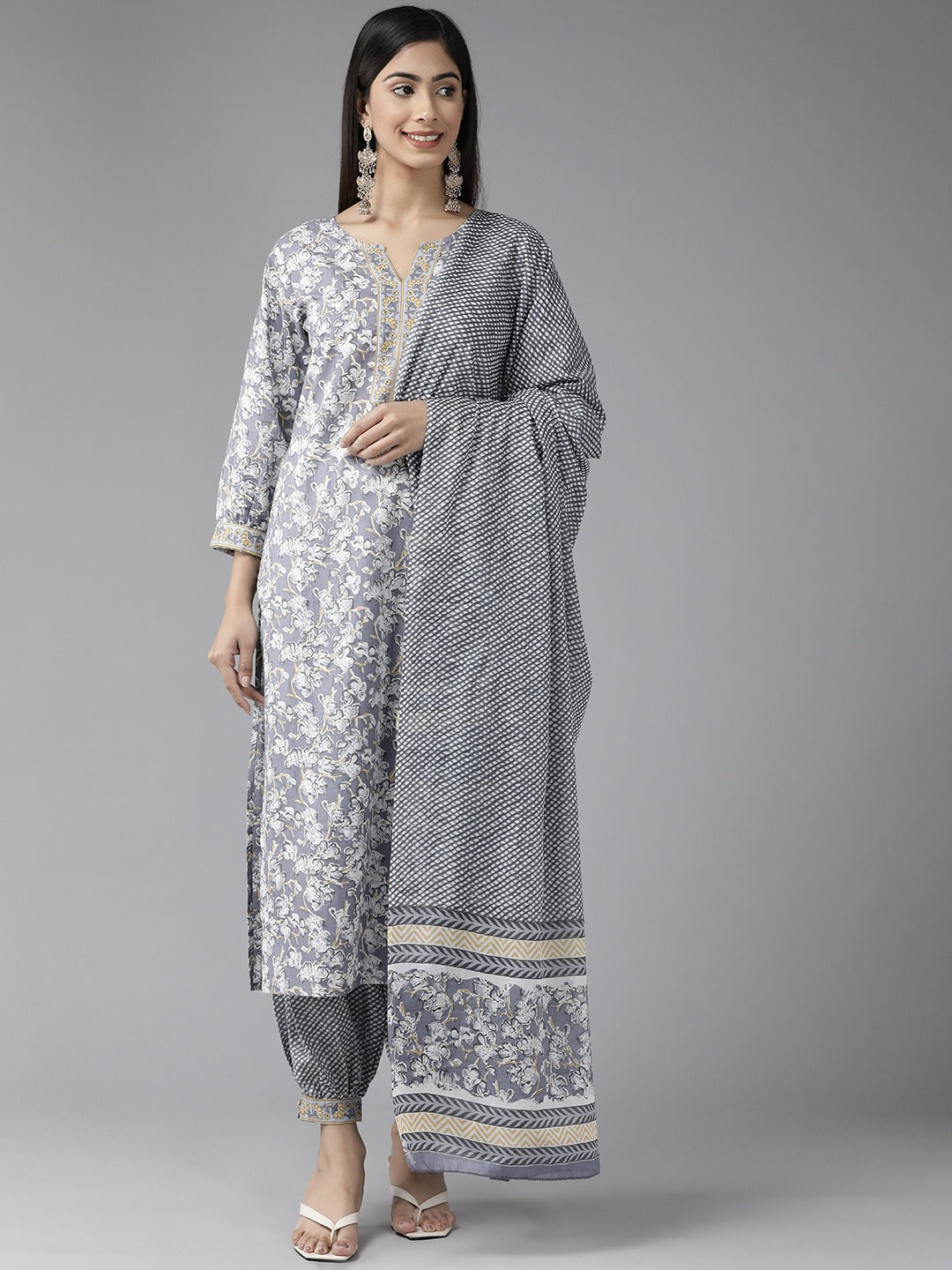 Yufta Grey Floral Printed Kurta Dupatta Set - Distacart