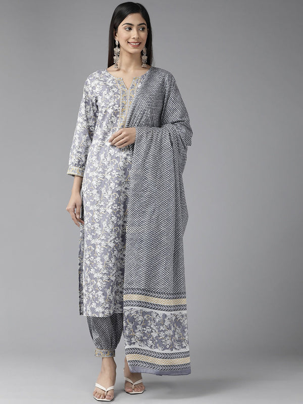 Yufta Grey Floral Printed Kurta Dupatta Set - Distacart