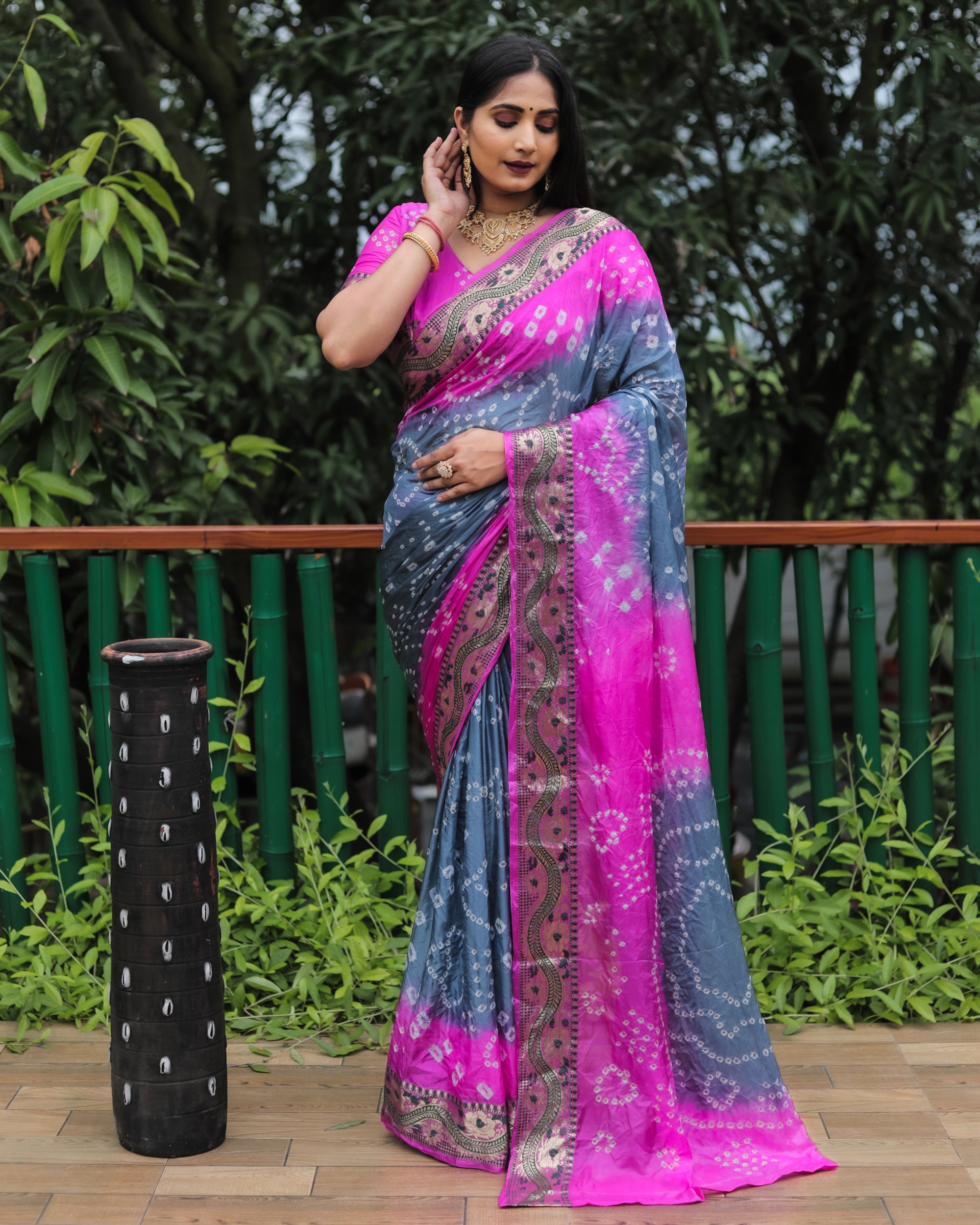 Lorenvalley Premium Pure Bandhej Tapeta Soft light weight silk saree with zari weaving Border - Multicolor - Distacart