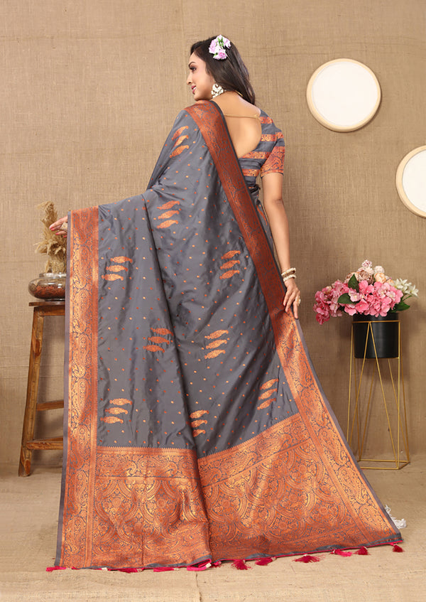 Lorenvalley Fashion Grey Soft Silk Copper Zari weaving Design Saree - Distacart