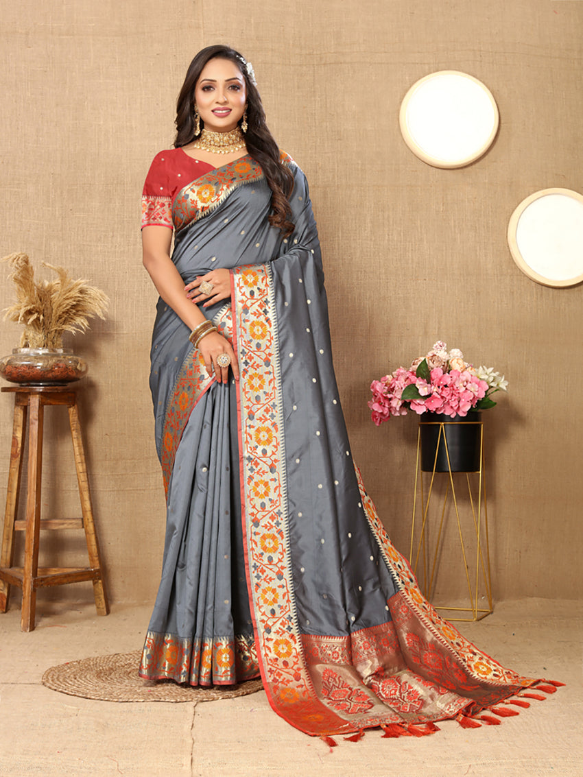 Lorenvalley Fashion Grey Soft Paithani Silk Woven Design Rich Meenakari Zari Weaving Pallu Saree - Distacart