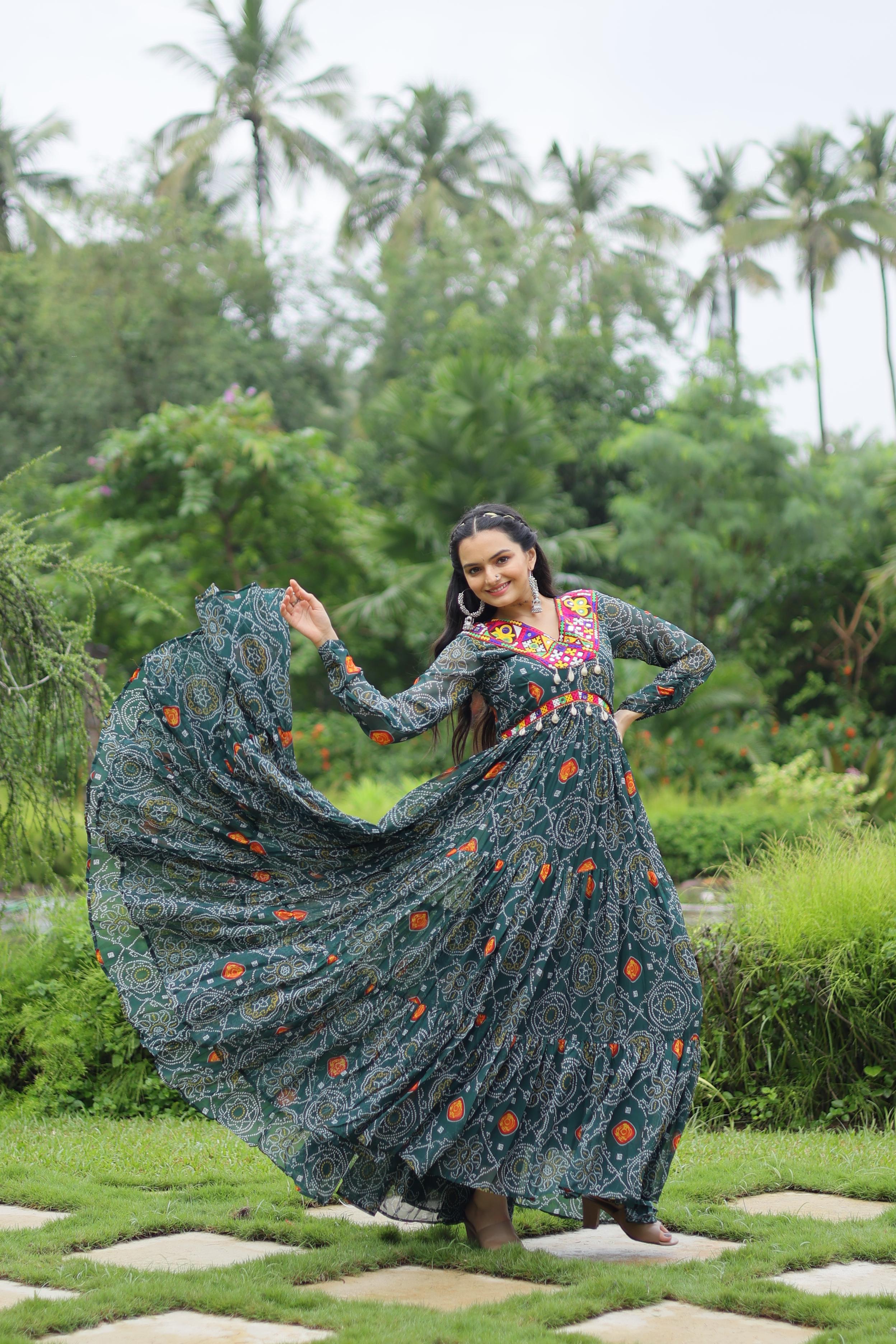 Lorenvalley Grey Faux Georgette Bandhani Print Work With Kutchi Patch Work Gown - Distacart