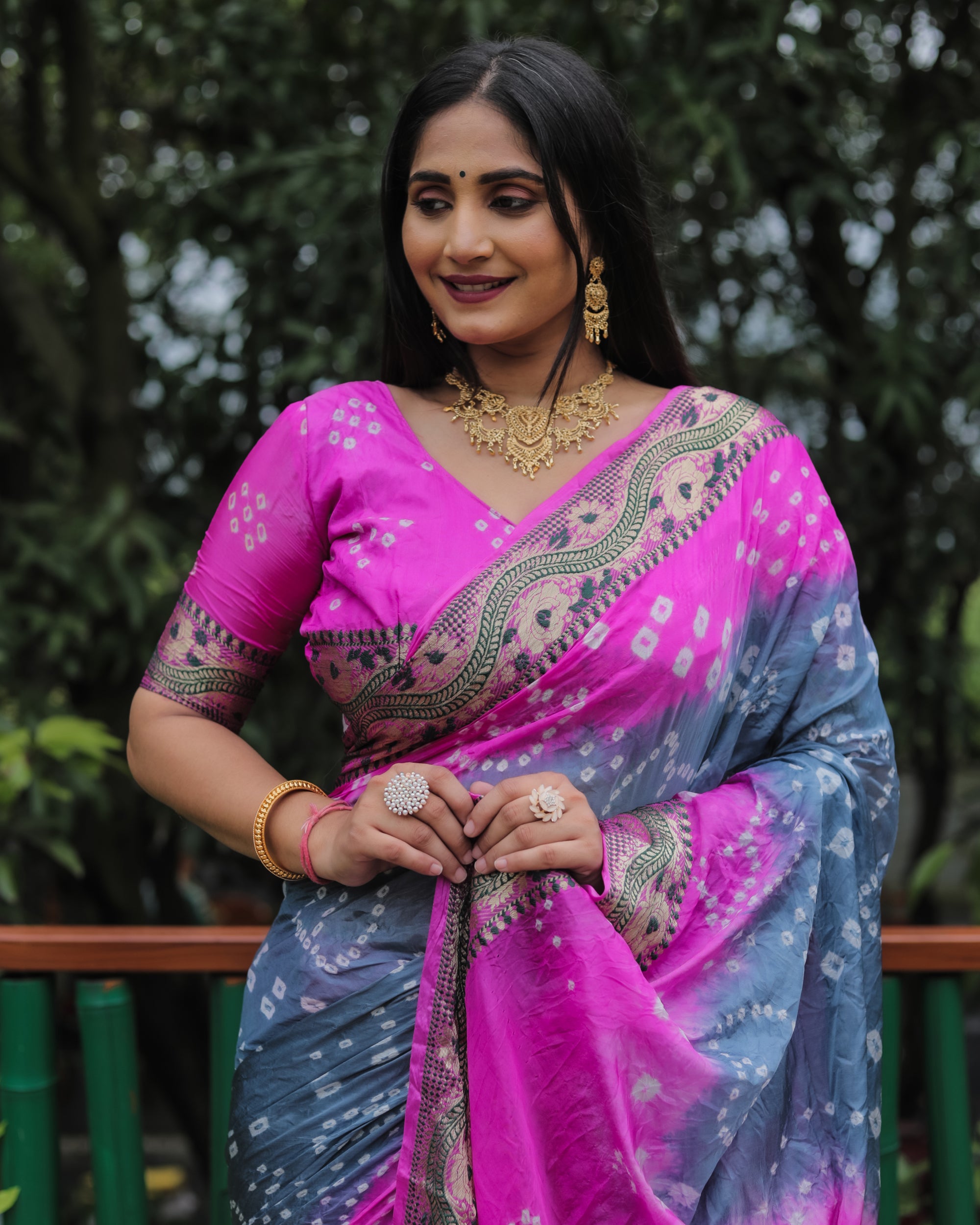 Lorenvalley Premium Pure Bandhej Tapeta Soft light weight silk saree with zari weaving Border - Multicolor - Distacart