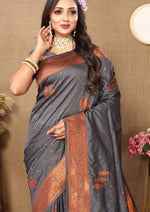 Thumbnail for Lorenvalley Fashion Grey Soft Silk Copper Zari weaving Design Saree - Distacart