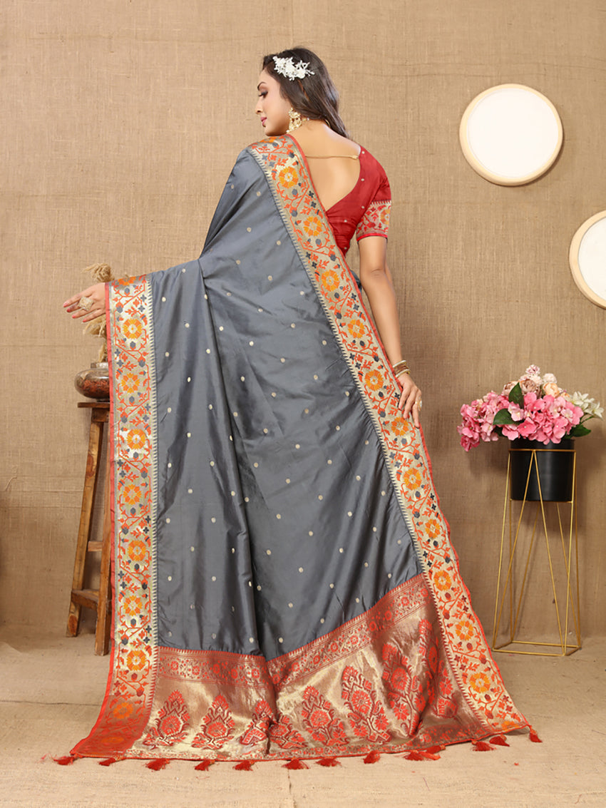 Lorenvalley Fashion Grey Soft Paithani Silk Woven Design Rich Meenakari Zari Weaving Pallu Saree - Distacart
