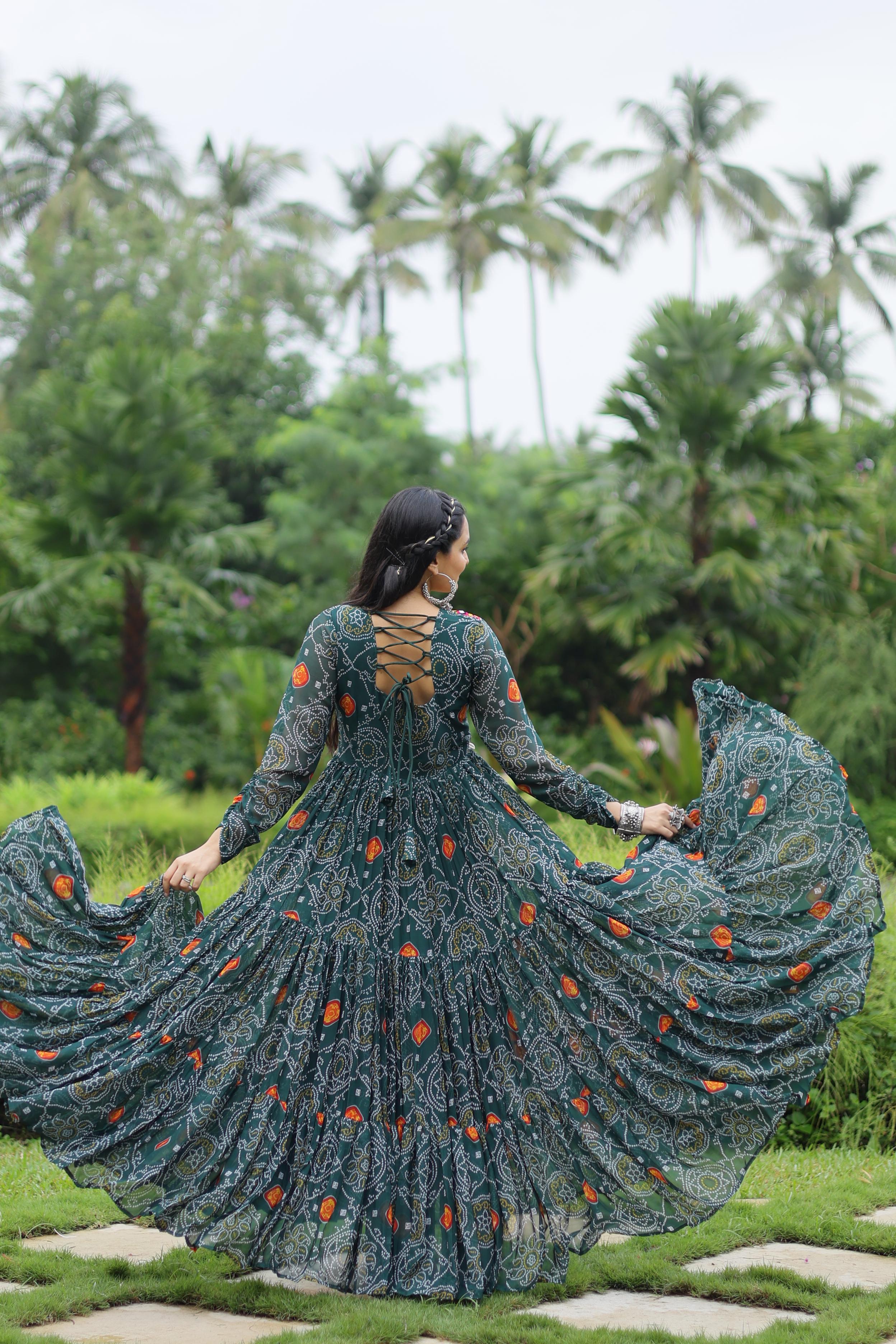 Lorenvalley Grey Faux Georgette Bandhani Print Work With Kutchi Patch Work Gown - Distacart