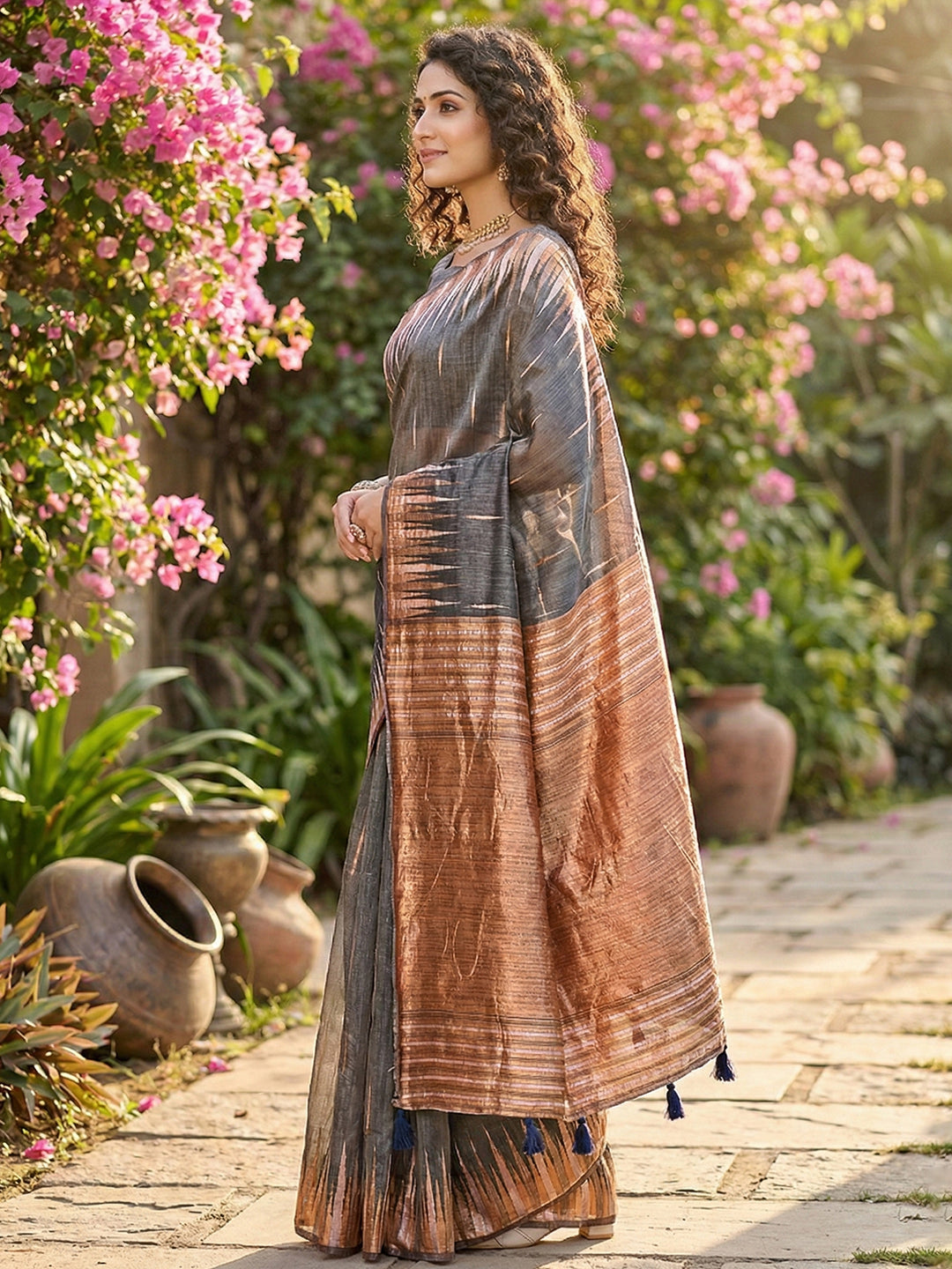 Anaita Grey Linen Woven Work Saree With Blouse - Distacart