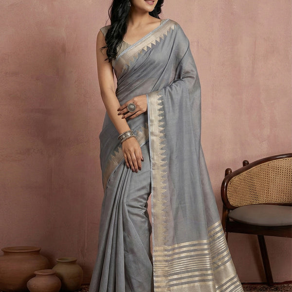 Anaita Grey Cotton Saree With Blouse - Distacart