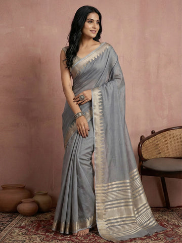 Anaita Grey Cotton Saree With Blouse - Distacart