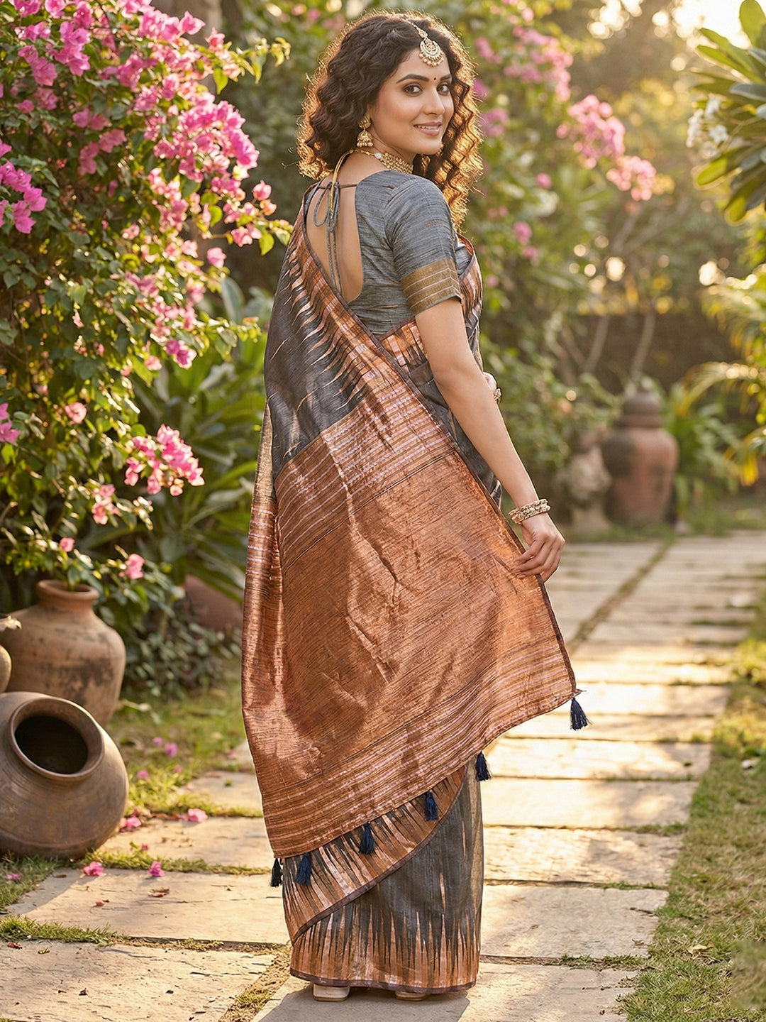 Anaita Grey Linen Woven Work Saree With Blouse - Distacart