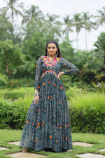 Thumbnail for Lorenvalley Grey Faux Georgette Bandhani Print Work With Kutchi Patch Work Gown - Distacart