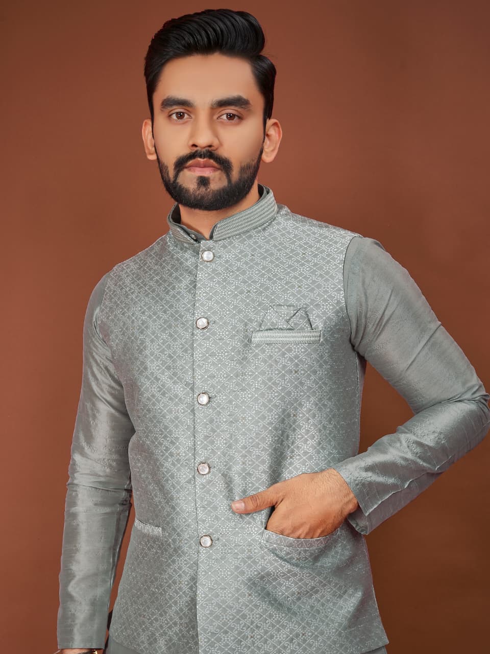 Anaita Grey Jacquard Silk Straight Kurta With Koti & Pajama - Distacart