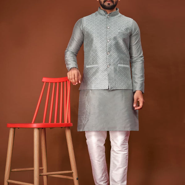 Anaita Grey Jacquard Silk Straight Kurta With Koti & Pajama - Distacart