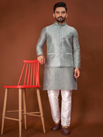 Thumbnail for Anaita Grey Jacquard Silk Straight Kurta With Koti & Pajama - Distacart