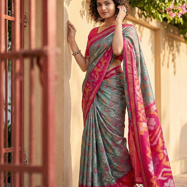 Anaita Grey Pochampally Printed Saree With Blouse - Distacart
