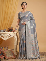 Thumbnail for Anaita Grey Linen Woven Work Saree With Blouse - Distacart