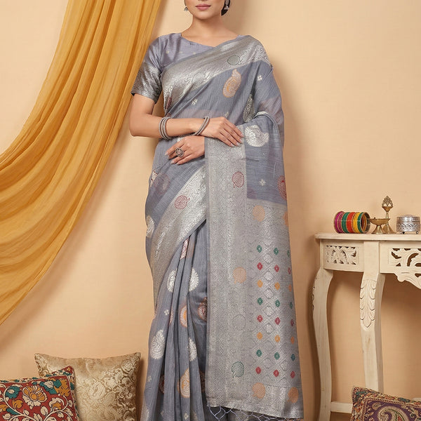 Anaita Grey Linen Woven Work Saree With Blouse - Distacart