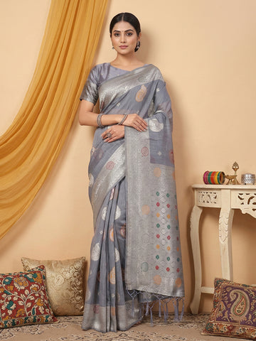 Anaita Grey Linen Woven Work Saree With Blouse - Distacart