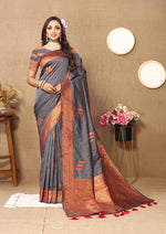 Thumbnail for Lorenvalley Fashion Grey Soft Silk Copper Zari weaving Design Saree - Distacart