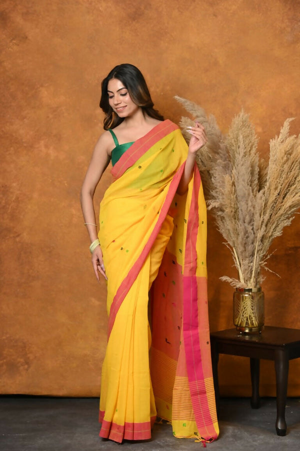 Very Much Indian Handloom Pure Cotton Saree With Sleek Border - Yellow - Distacart